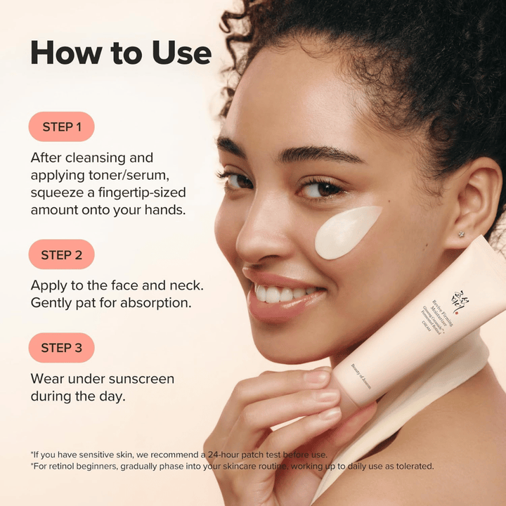 Kuva – how to use / levitys
Beauty of Joseon Revive Firming Moisturizer levitetään kasvoille puhdistuksen jälkeen, kosteuttaa ihoa ja parantaa kimmoisuutta retinolin avulla.