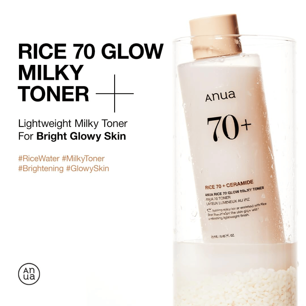 Pullo "Anua Rice 70 Glow Milky Toner". Se on kevyt, maitomainen kasvovesi, joka on suunniteltu antamaan kirkkaan ja säteilevän ihon. Tuote on rikastettu riisivedellä ja keramideilla, mikä korostuu pullon etiketissä. Tämä kasvovesi on ihanteellinen hehkuvan ihon saavuttamiseksi, ja se antaa raikkaan, kevyen tunteen.