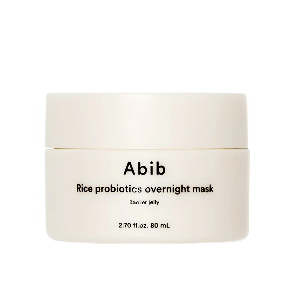 Tuotekuva Abib Rice Probiotics Overnight Mask Barrier Jelly – valkoinen purkki mustalla tekstillä, joka sisältää 80 ml yönaamiota ihon suojamuurin vahvistamiseen ja ihon kosteuttamiseen.