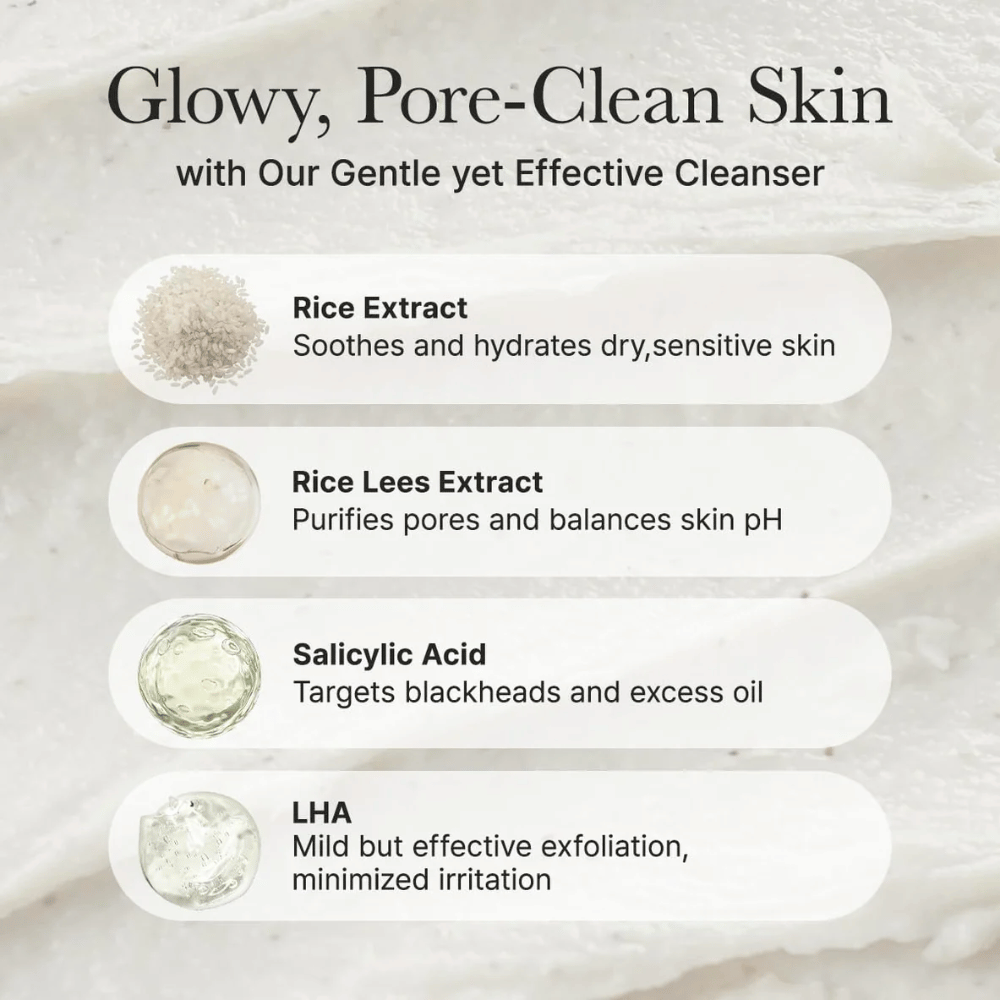 Ainesosayhteenveto Arencia Rice + LHA Pore Control Rice Cake Cleanser riisiuutteen, rice lees -uutteen, salisyylihapon ja LHA:n kanssa rauhoittavan, huokosia puhdistavan ja tasapainottavan vaikutuksen aikaansaamiseksi.