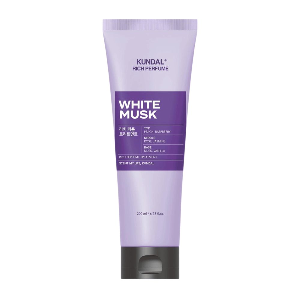 2. KUNDAL Rich Perfume Body Lotion White Musk 200 ml – kosteuttava vartalovoide, jossa on persikan, vadelman, ruusun, jasmiinin, myskin ja vaniljan tuoksu