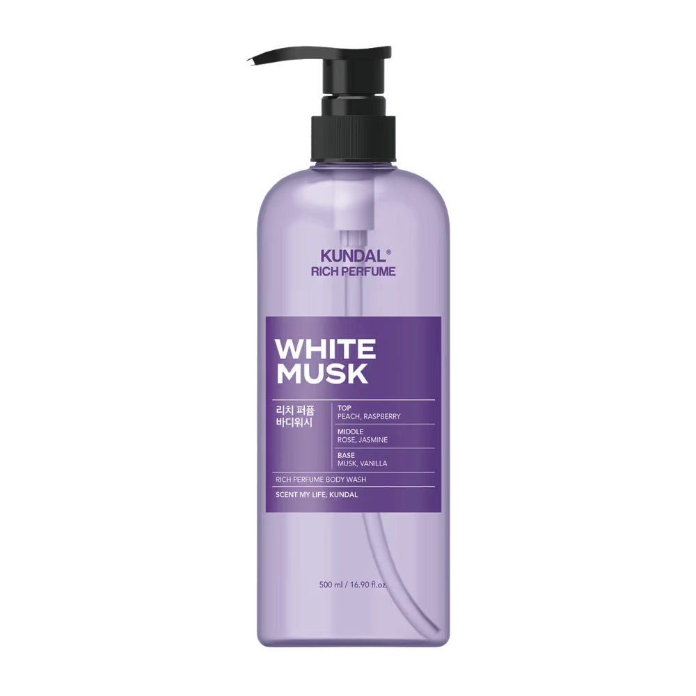 7. KUNDAL Rich Perfume Body Wash White Musk 500 ml – violetti suihkusaippua, jossa tuoksuu persikka, vadelma, ruusu, jasmiini, myski ja vanilja