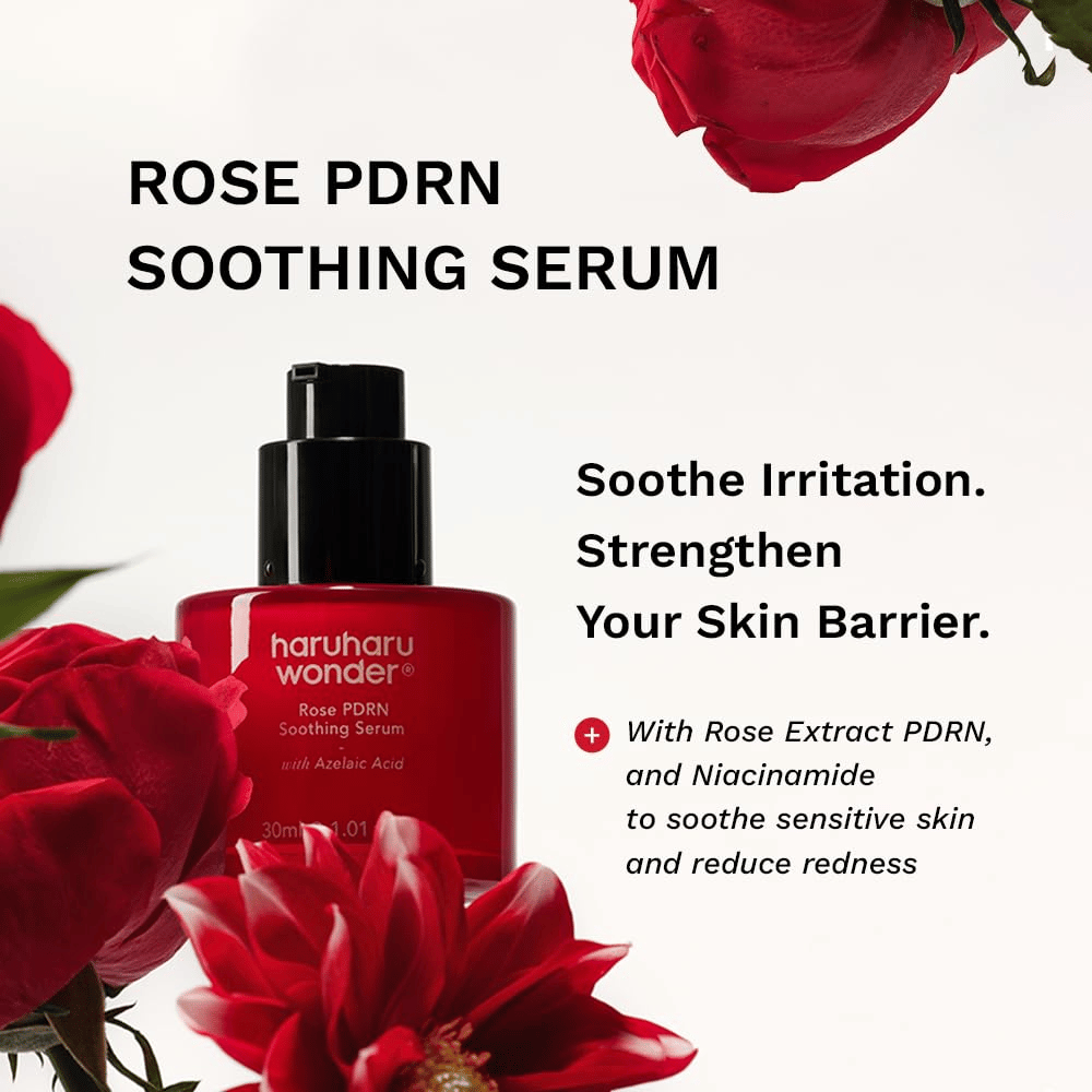 Haruharu Wonder Rose PDRN Soothing Serum jossa on PDRN, atselaiinihappoa ja niasiiniamidia punoitukseen ja ihon suojamuurin tueksi