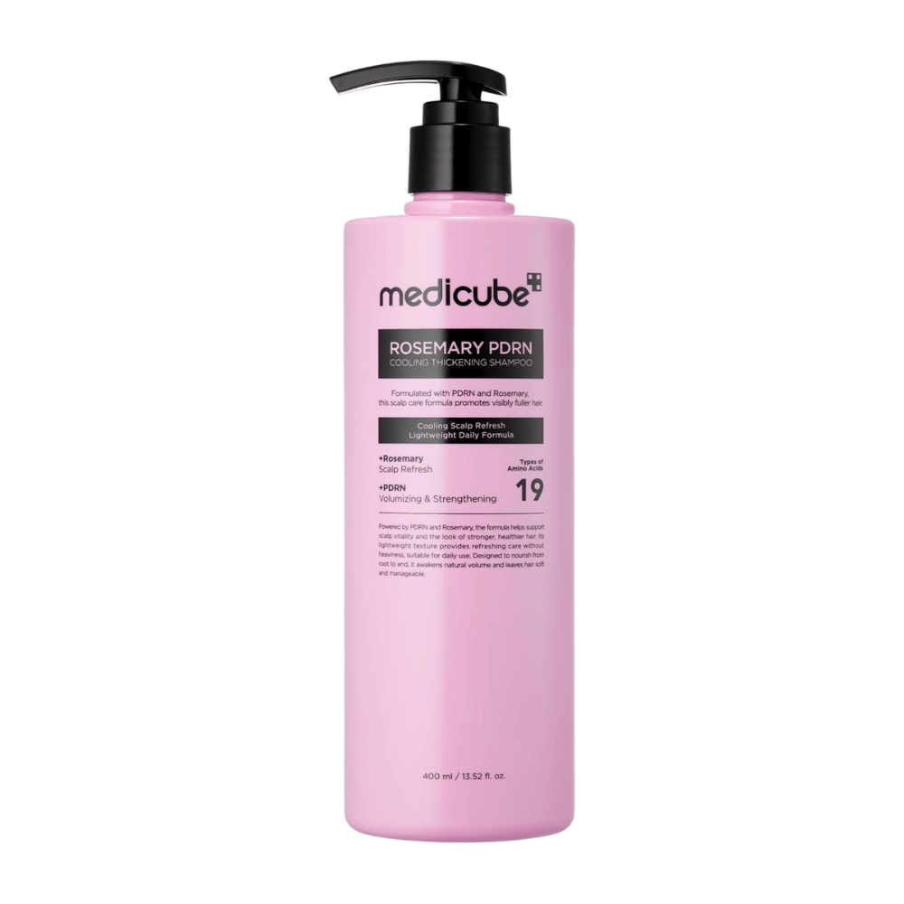 Medicube Rosemary PDRN Cooling Thickening Shampoo 400 ml:n pumppupullossa päivittäiseen hiuspohjan ja hiusten hoitoon