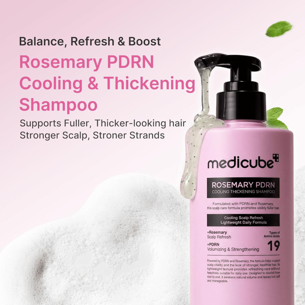 Medicube Rosemary PDRN Cooling Thickening Shampoo joka viilentää hiuspohjaa ja tekee hiuksista paksummat ja vahvemmat