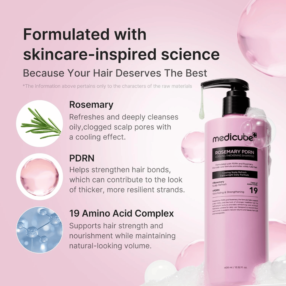 Medicube Rosemary PDRN Cooling Thickening Shampoo rosmariinilla, PDRN ja 19 aminohapolla täyteläisempiä hiuksia varten