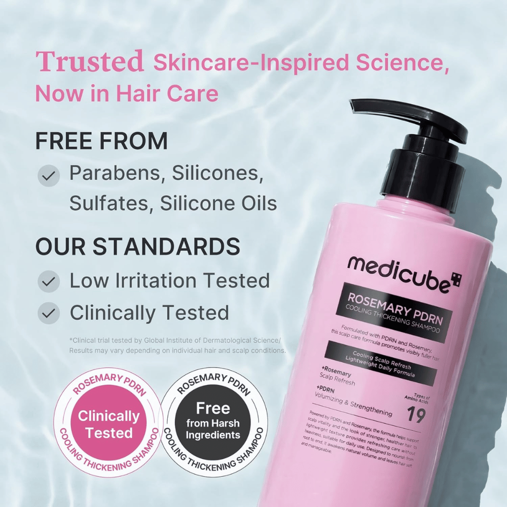 Medicube Rosemary PDRN Cooling Thickening Shampoo kliinisesti testatulla koostumuksella ilman sulfaatteja, silikoneja ja parabeeneja