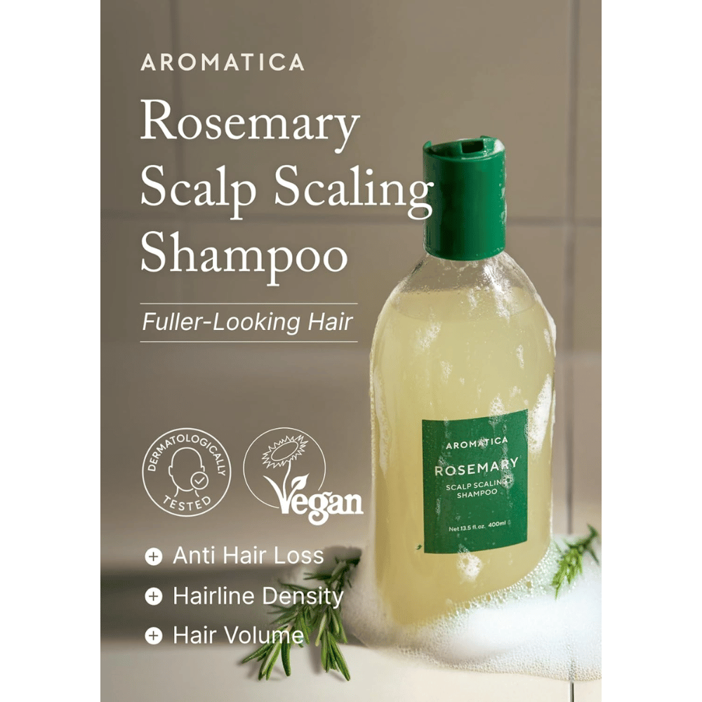 AROMATICA Rosemary Scalp Scaling Shampoo hiuspohjan puhdistukseen ja kuorintaan, mikä auttaa vähentämään hiustenlähtöä, lisäämään hiusten volyymia ja ylläpitämään tervettä hiuspohjaa.