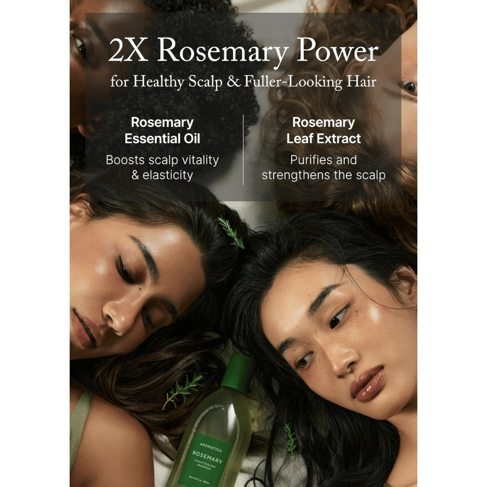 AROMATICA Rosemary Scalp Scaling Shampoo rosmariiniöljyllä ja rosmariiniuuteella, jotka vahvistavat hiuspohjaa, puhdistavat syvältä ja edistävät tuuheampia hiuksia.
