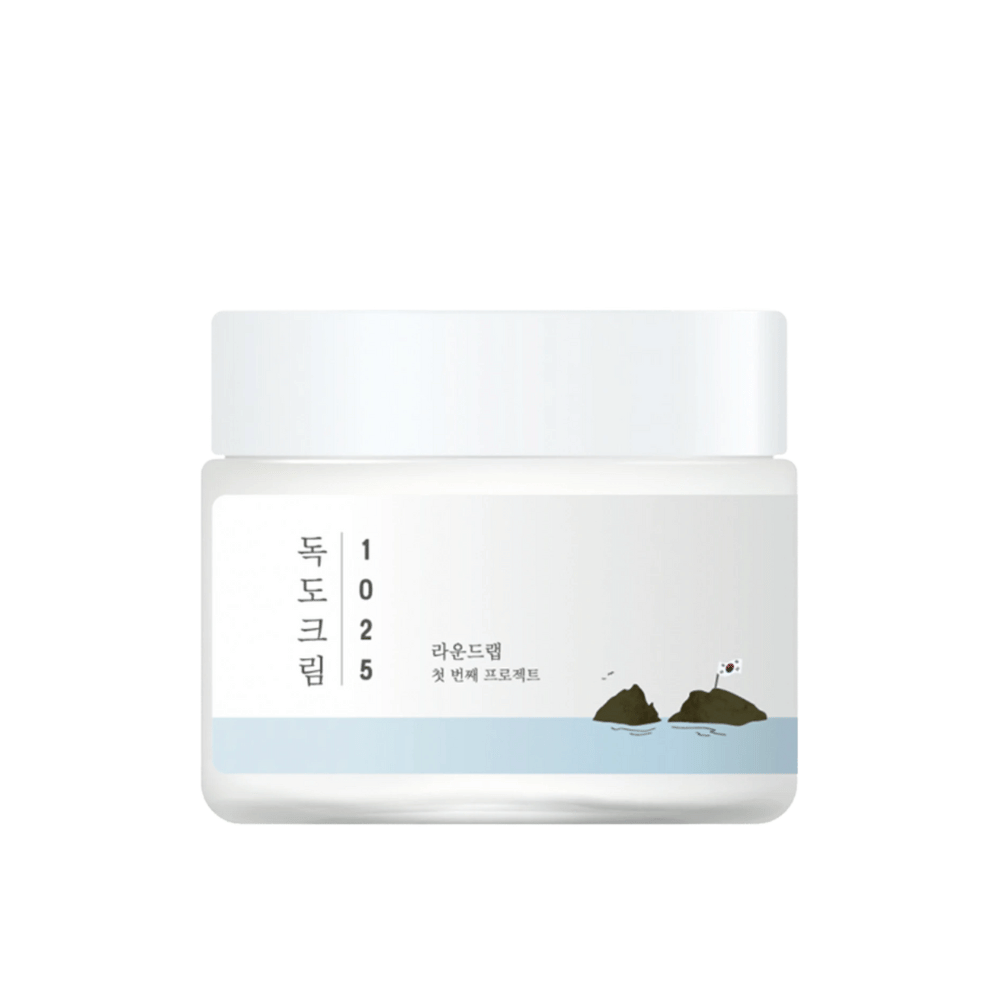 Purkillinen Round Lab 1025 Dokdo Cream 80 ml kosteutusta varten valkoisella taustalla.