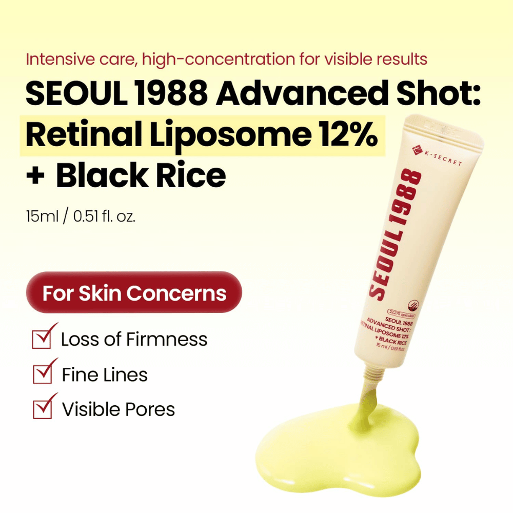 K-SECRET SEOUL 1988 Advanced Shot Retinal Liposome 12% + Black Rice 15 ml – intensiivinen retinalhoito hienoille juonteille, näkyville ihohuokosille ja kimmoisuuden menetykselle.