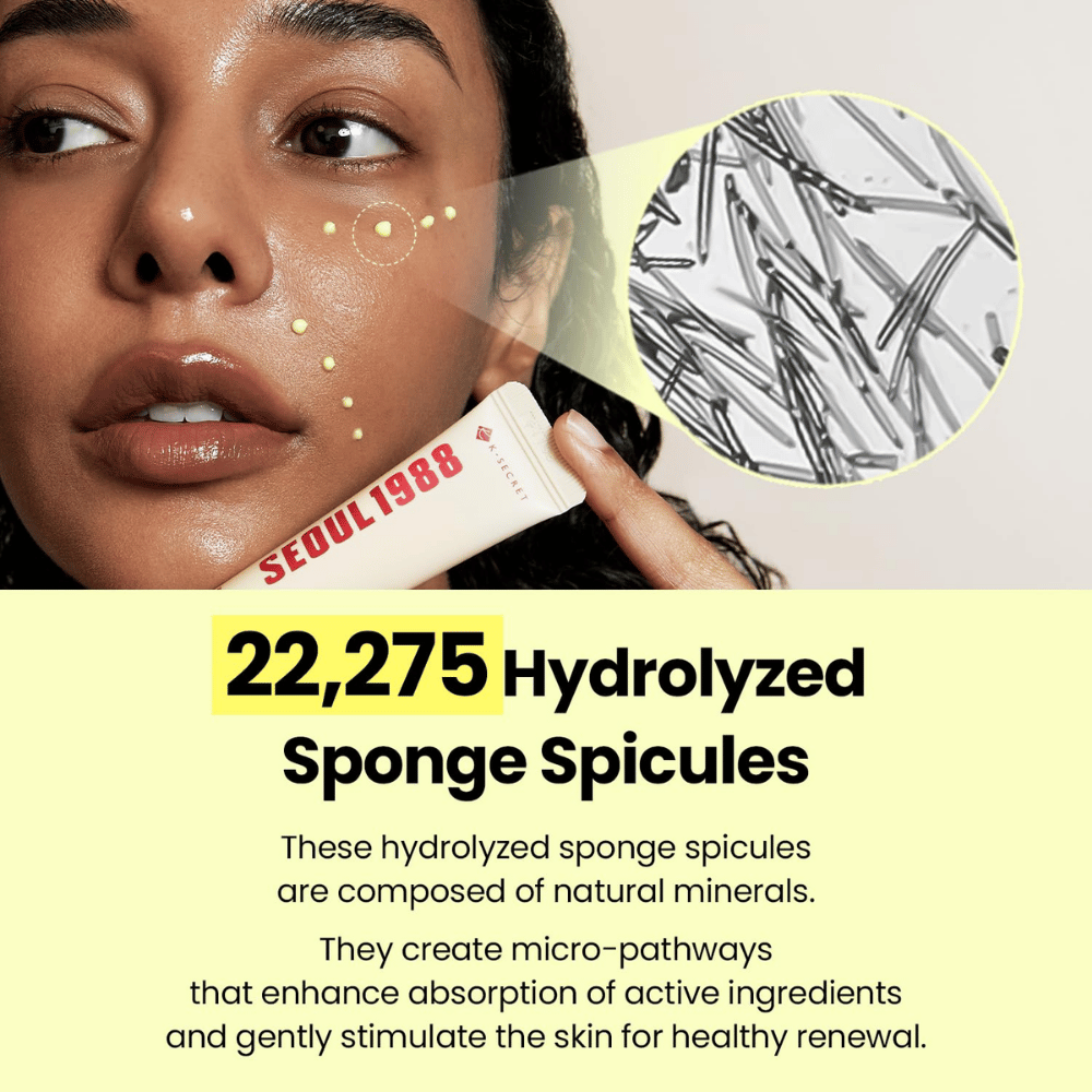 K-SECRET SEOUL 1988 Advanced Shot – koostumus, jossa on 22 275 hydrolysoitua sponge spicule -mikroneulaa yhdistettynä aktiivisiin ihonhoitoainesosiin.