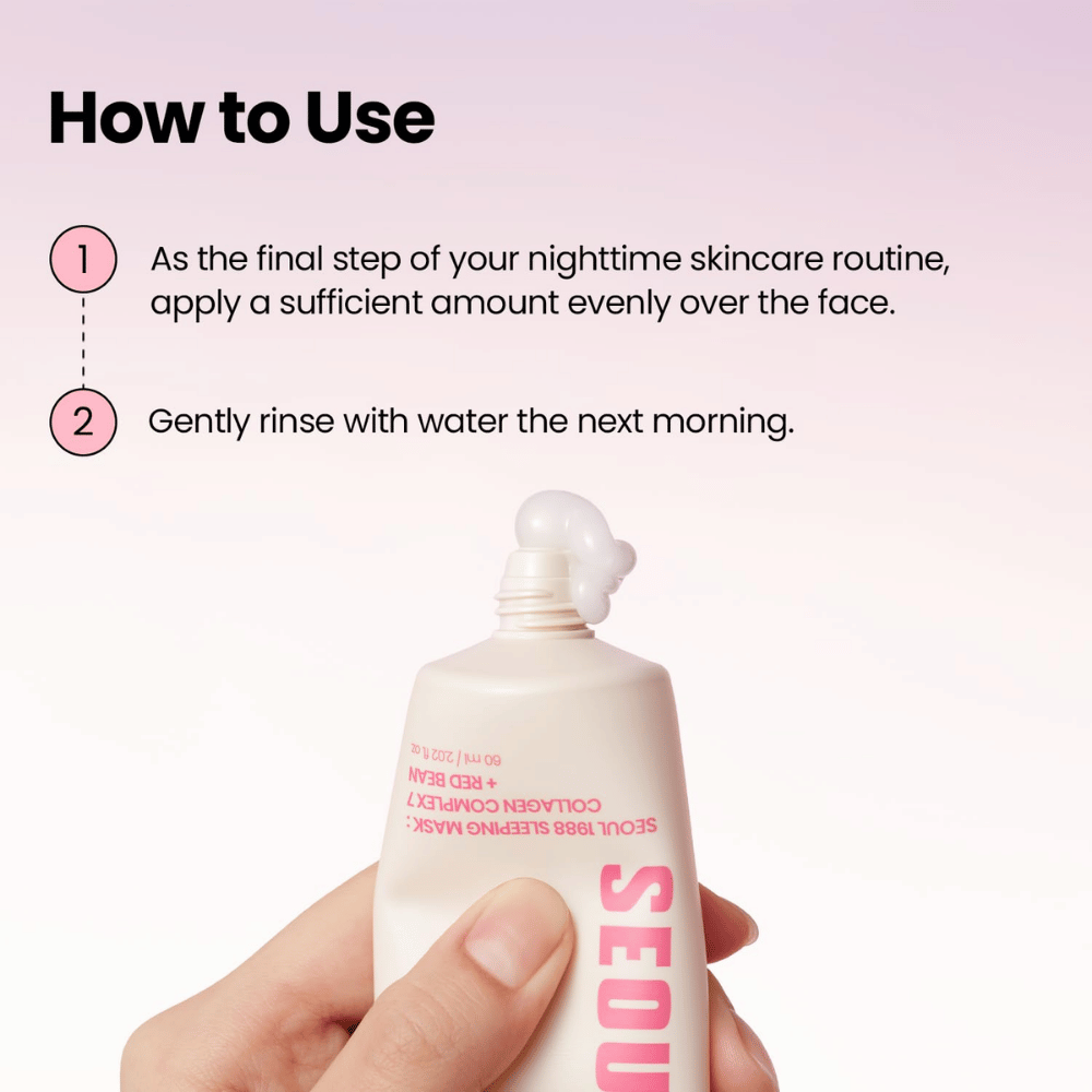 K-SECRET SEOUL 1988 Sleeping Mask – yönaamio, jossa on Collagen Complex 7 ja Red Bean, levitetään iltarutiinin viimeisenä vaiheena.