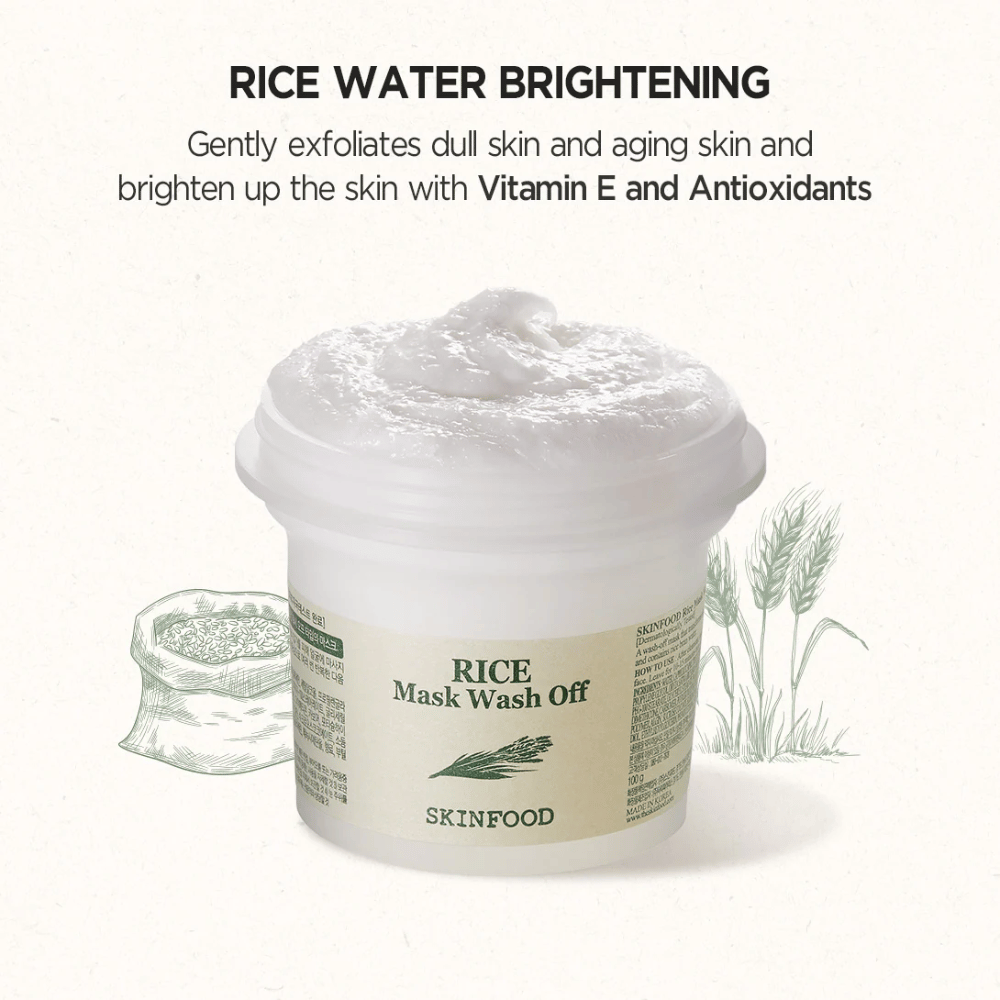 SKINFOOD:n Rice Mask Wash Off 120g suositellaan ihon kirkastamiseen ja auttamiseen.