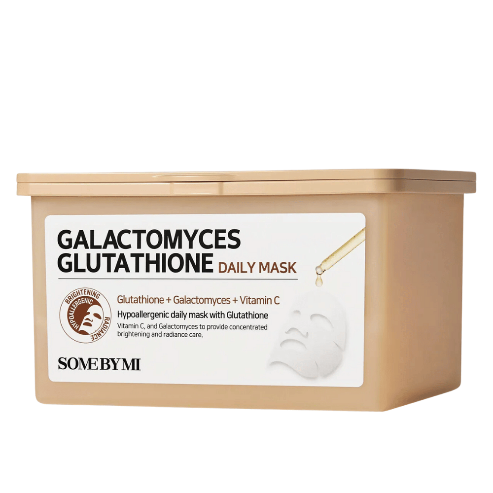 Galactomyces Glutathione Daily Mask Some By Mi:sta on hypoallergeeninen kasvonaamio, joka yhdistää glutationin, galactomycesin ja C-vitamiinin. Se tarjoaa keskittyneen hoidon kirkastamaan ja antamaan iholle säteilevää hehkua samalla kun se hoitaa ihoa.