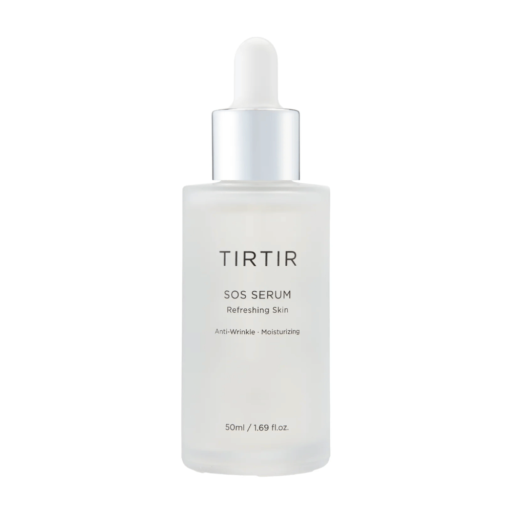 Pullo TIRTIR SOS Serum, tarkoitettu virkistävään ja kosteuttavaan ihonhoitoon.