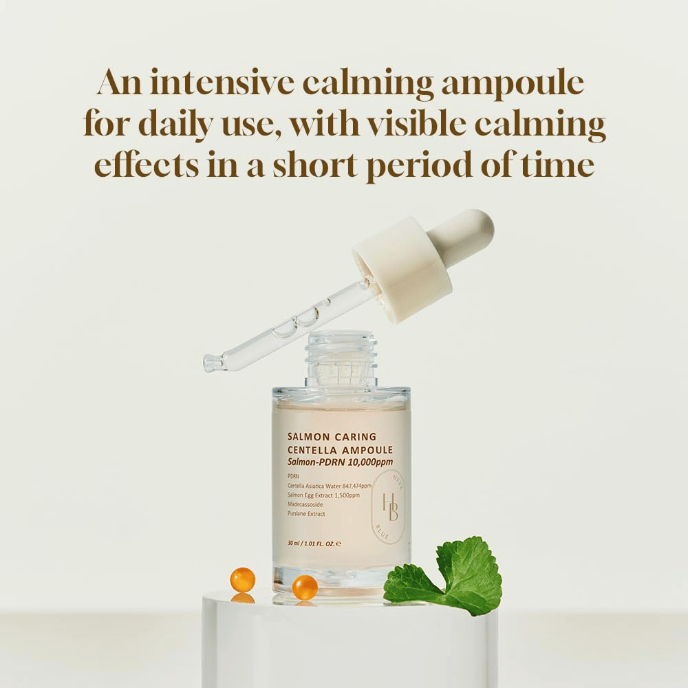 Heveblue Salmon Caring Centella Ampoule 30 ml PDRN ja centella asiatica – intensiivisesti rauhoittava ampulli päivittäiseen käyttöön ja näkyvään ihon parantamiseen
