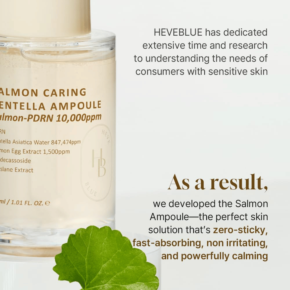 Heveblue Salmon Caring Centella Ampoule – nopeasti imeytyvä PDRN-seerumi centellalla herkälle iholle, rauhoittaa ärsytystä ja palauttaa ihon suojakerroksen