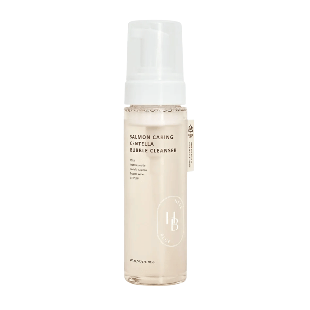 Heveblue Salmon Caring Centella Bubble Cleanser kasvojen puhdistus – korealainen puhdistusvaahto, jossa on Centella Asiaticaa ja PDRN, jotka auttavat puhdistamaan ihohuokosia, rauhoittamaan ihoa ja kosteuttamaan.