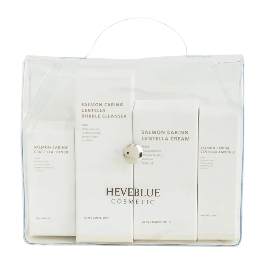 Heveblue Salmon Caring Centella Special Travel Kit ihonhoitosetti – korealainen ihonhoitorutiini, jossa on kasvovesi, kuplapuhdistusaine, voide ja ampulli, joissa on Centella Asiatica ja PDRN.