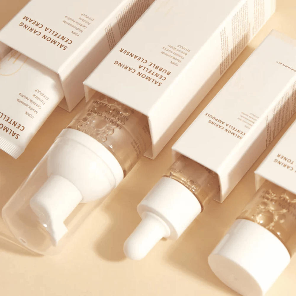 Heveblue Salmon Caring Centella Travel Kit ihonhoitosetti – korealaiset ihonhoitotuotteet, joissa on Centella Asiatica ja PDRN, jotka auttavat kosteuttamaan, rauhoittamaan ihoa ja vahvistamaan ihon suojamuuria.