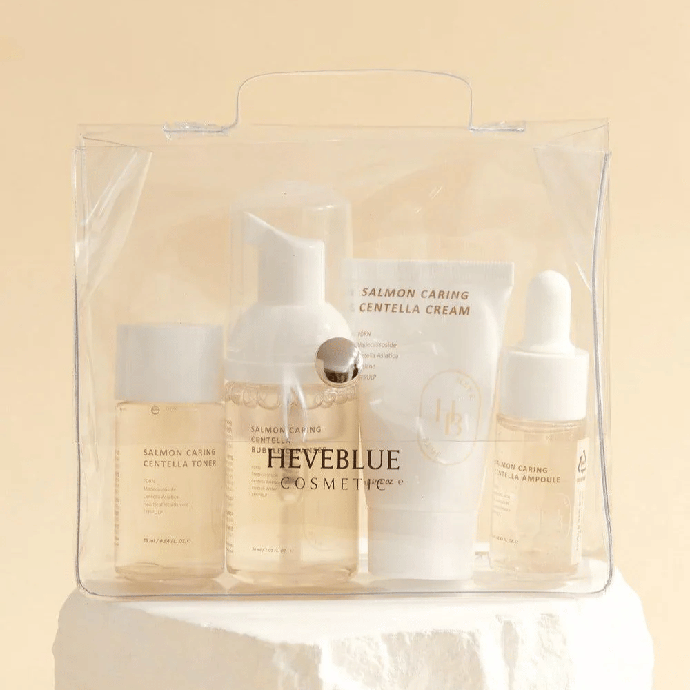 Heveblue Salmon Caring Centella Special Travel Kit – korealainen ihonhoitosetti, jossa on kasvovesi, kuplapuhdistusaine, voide ja ampulli, joissa on Centella Asiatica ja PDRN lohesta kätevässä matkakokoisessa pakkauksessa.