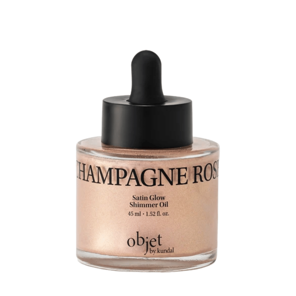 Objet by KUNDAL Satin Glow Shimmer Oil Champagne Rose 45 ml – hehkua antava vartaloöljy hienostuneella ruusukultaisella hohtavalla viimeistelyllä.