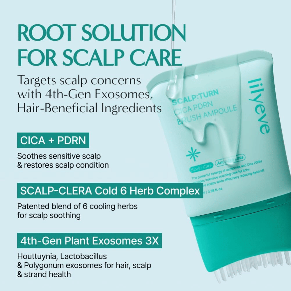 Tuotekuva tuotteesta LILYEVE Scalp:Turn Cica PDRN Brush Ampoule, jossa kuvataan avainainesosat. Kuvassa korostetaan CICA:a, PDRN:a, viilentävää yrttikompleksia ja kasvipohjaisia eksosomeja, jotka auttavat rauhoittamaan ja hoitamaan herkkää hiuspohjaa.