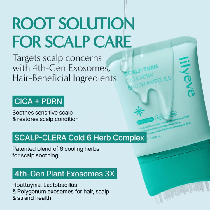 Tuotekuva tuotteesta LILYEVE Scalp:Turn Cica PDRN Brush Ampoule, jossa kuvataan avainainesosat. Kuvassa korostetaan CICA:a, PDRN:a, viilentävää yrttikompleksia ja kasvipohjaisia eksosomeja, jotka auttavat rauhoittamaan ja hoitamaan herkkää hiuspohjaa.