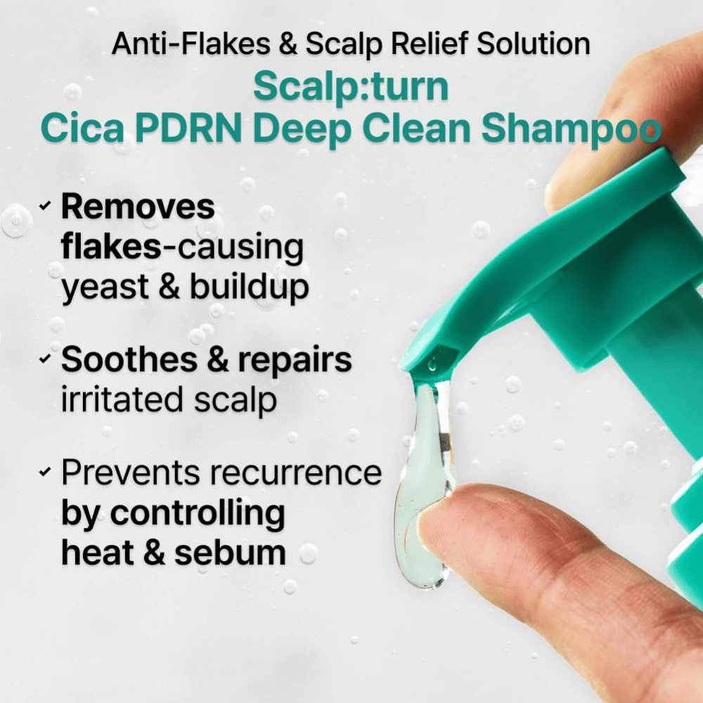 LILYEVE Scalp:Turn Cica PDRN Deep Clean Shampoo poistaa hilsettä, rauhoittaa ärtynyttä hiuspohjaa ja auttaa hallitsemaan talia sekä kuumuuteen liittyviä hiuspohjaongelmia.
