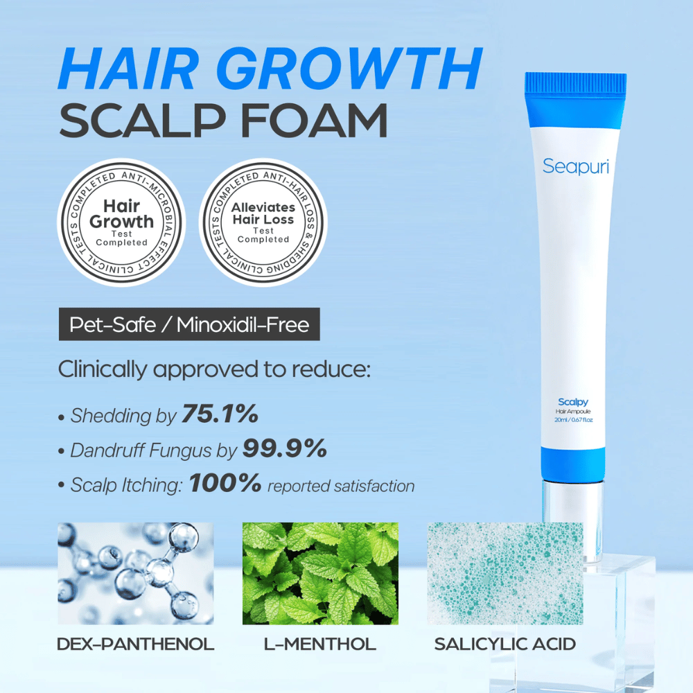Seapuri Scalpy Hair Serum näkyy tekstillä, joka korostaa kliinisesti todistettua vaikutusta: vähentynyt hiustenlähtö ja hilse, lisääntynyt hiusten kasvu ja rauhoittunut hiuspohja.