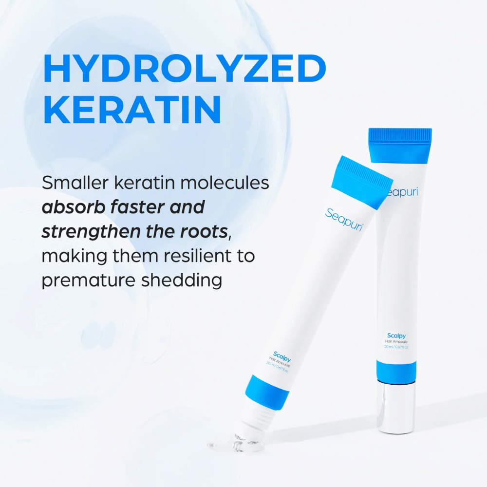 Kaksi tuubia Seapuri Scalpy Hair Serum näkyy. Teksti kuvaa hydrolysoitua keratiinia, joka vahvistaa hiustuppeja ja ehkäisee hiustenlähtöä.
