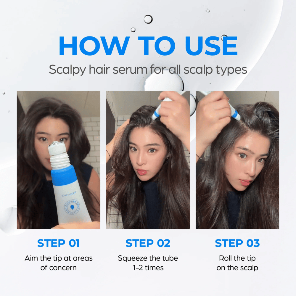 Nainen levittää Seapuri Scalpy Hair Serum hiuspohjaan. Vaiheittainen opas näyttää, miten kohdistaa, painaa ja rullata applikaattoria parhaan tuloksen saamiseksi.
