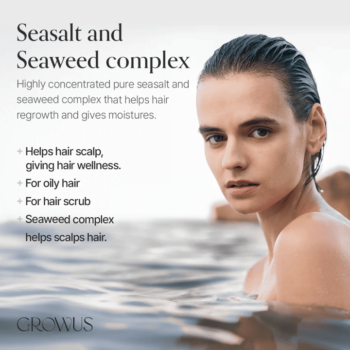GROWUS Sea Salt Therapy Shampoo merileväkompleksilla, joka rauhoittaa hiuspohjaa ja sopii rasvaisille hiuksille