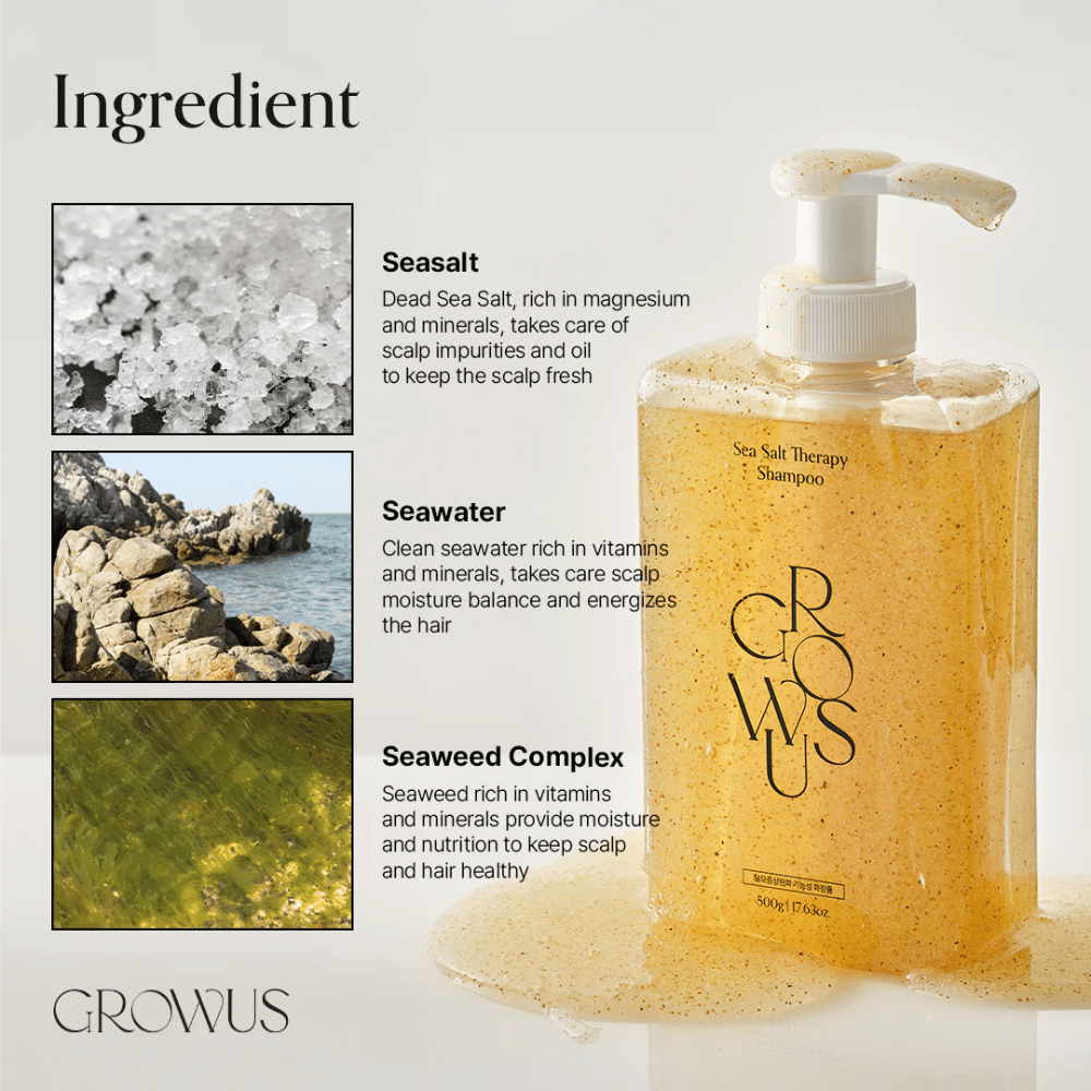 Ainesosat GROWUS Sea Salt Therapy Shampoo merisuolalla, merivedellä ja merileväkompleksilla hiuspohjalle