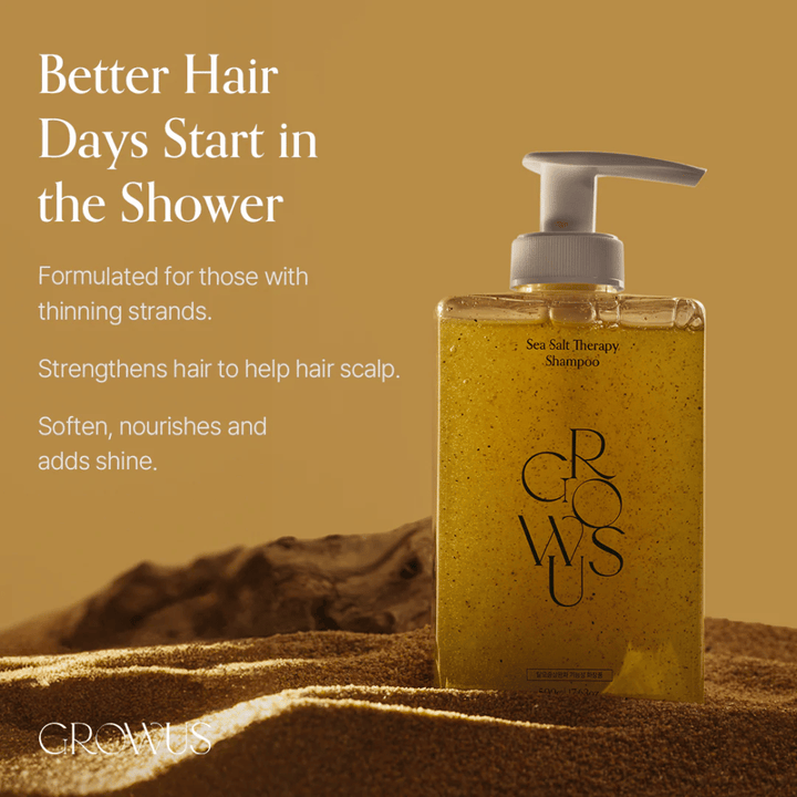 GROWUS Sea Salt Therapy Shampoo joka vahvistaa ohuita hiuksia, antaa kiiltoa ja hoitaa hiuspohjaa merisuolalla