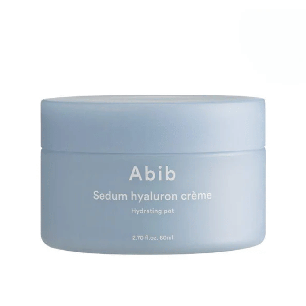 Abib Sedum Hyaluron Crème Hydrating Pot 80 ml tyylikkäässä, vaaleansinisessä pyöreässä purkissa, jossa on valkoinen teksti.