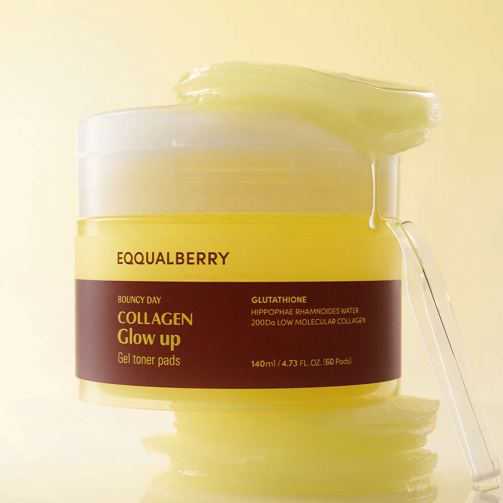 Bouncy Day Collagen Glow up Gel Toner Pads, joka sisältää matalamolekyylistä kollageenia ja glutationia antaakseen iholle terveen hehkun ja kosteuden.
