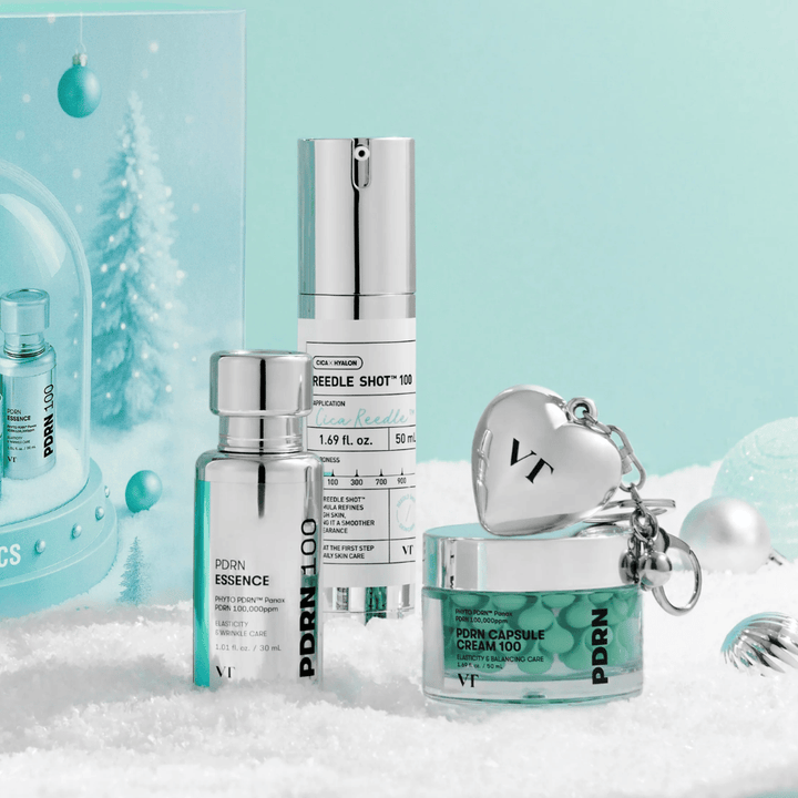 VT Cosmetics Shining Holiday Set – ylellinen Ihonhoitosetti jossa on PDRN Essence, Reedle Shot 100 ja PDRN Capsule Cream talvi-inspiroituneessa designissa.