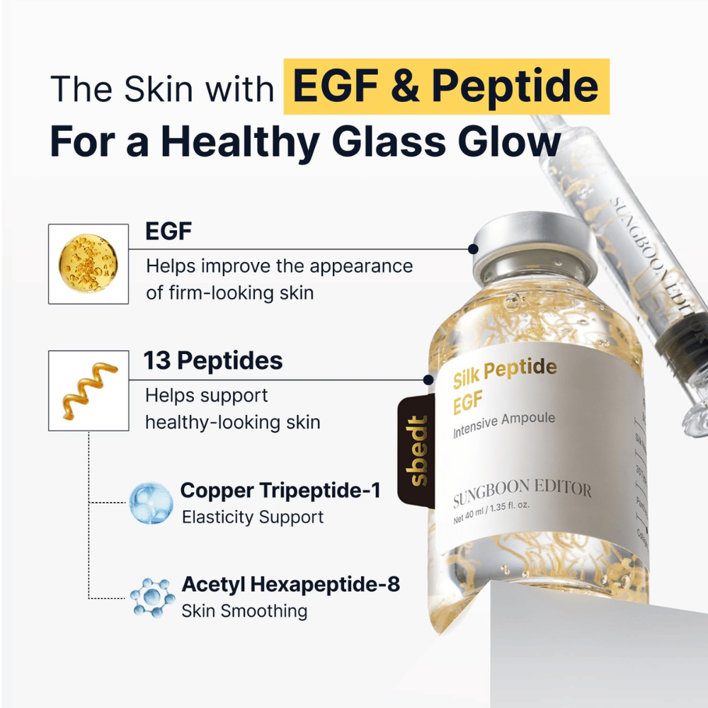 Silk Peptide EGF Intensive Ampoule sisältää EGF:ää, 13 peptidiä sekä kuparitripeptidi-1:tä ja asetyyliheksapeptidi-8:aa, jotka yhdessä auttavat tukemaan ihon kimmoisuutta, parantamaan ihon ulkonäköä ja antamaan luonnollista hehkua.