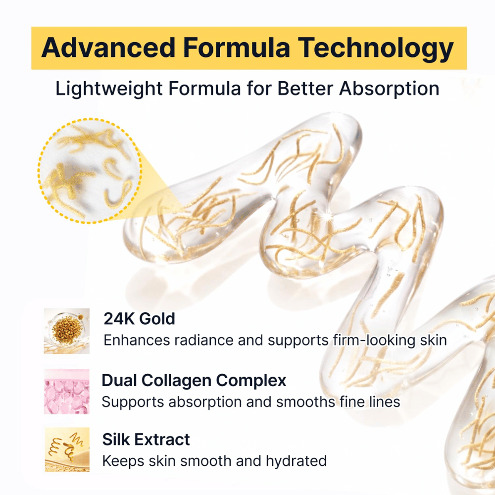 Silk Peptide EGF Intensive Ampoule yhdistää 24K kultaa, silkkiuutetta ja kaksoiskollageenikompleksin antaakseen iholle hehkua, kosteutusta ja kiinteämmän tuntuman samalla kun kevyt koostumus imeytyy nopeasti.