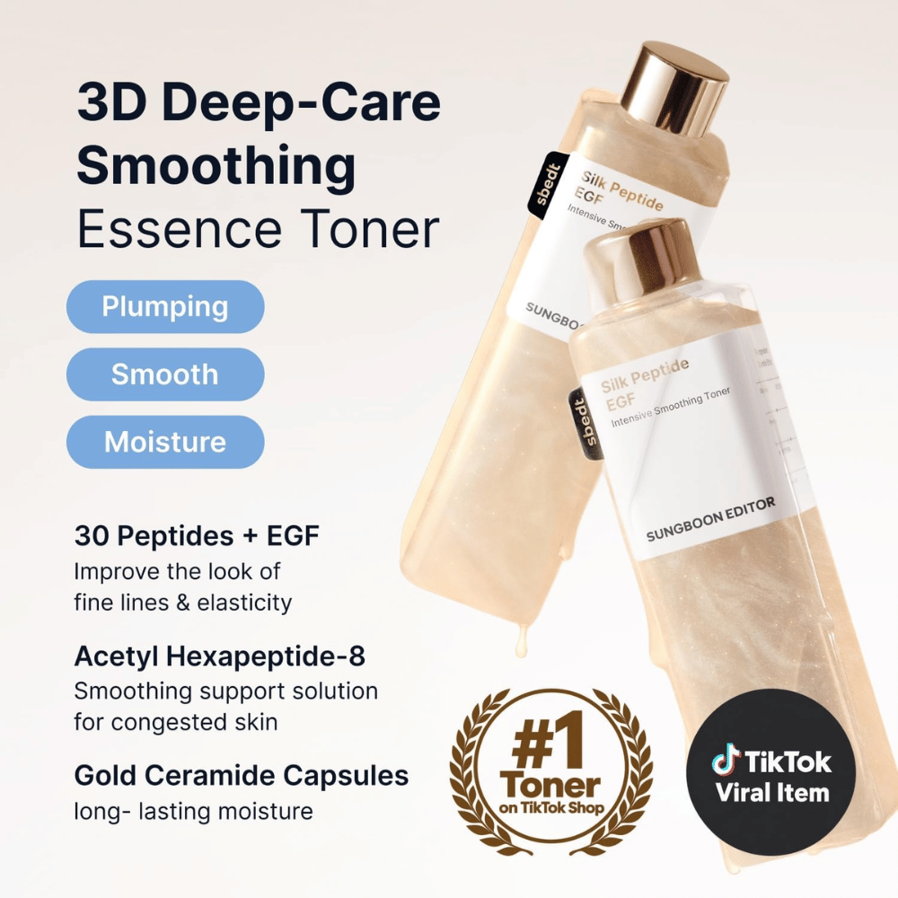 SUNGBOON EDITOR Silk Peptide EGF Intensive Smoothing Toner – essence toner peptideillä, EGF:llä ja keram ideilla