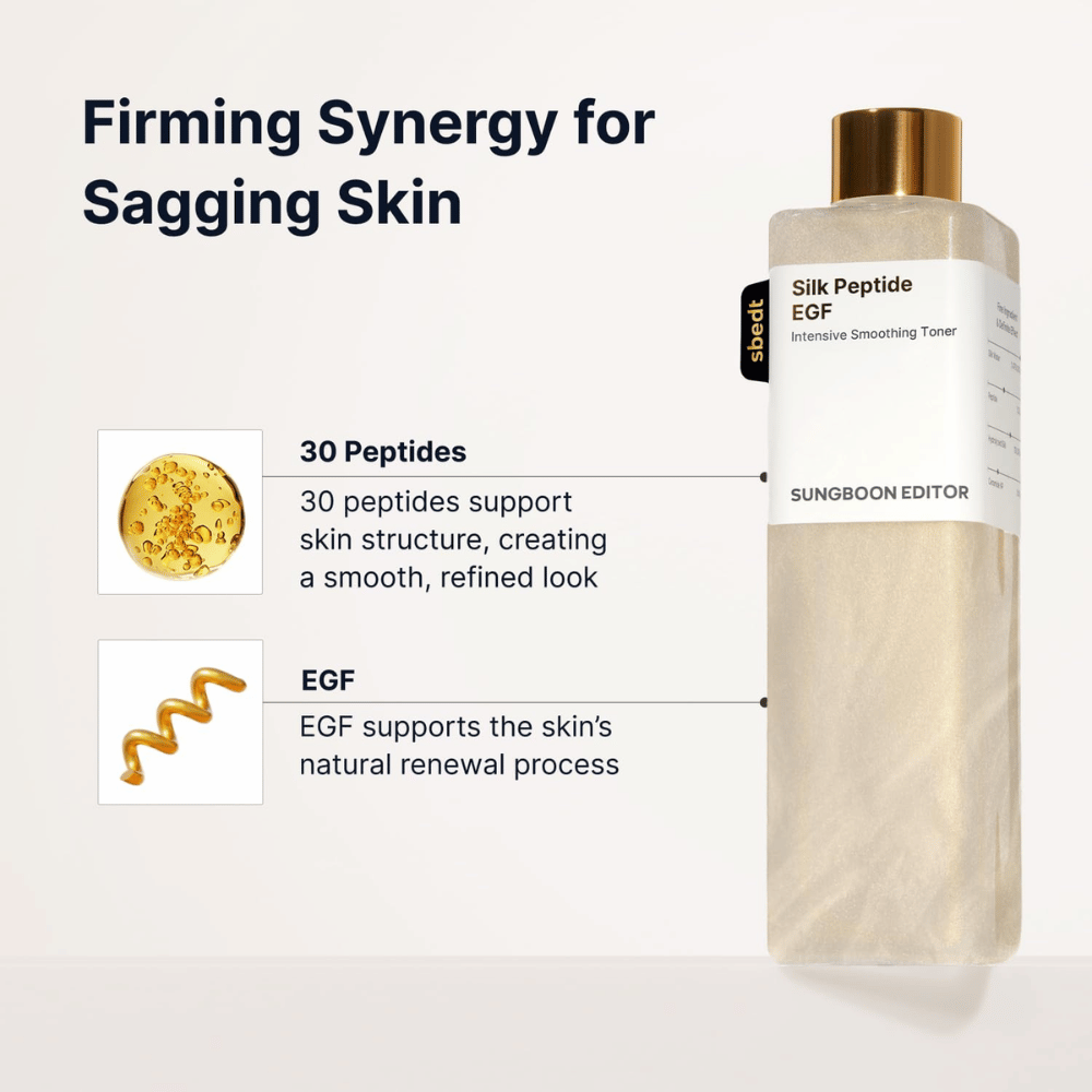 SUNGBOON EDITOR Silk Peptide EGF Intensive Smoothing Toner – kasvovesi, jossa on 30 peptidiä ja EGF:tä tasaisempaan ihoon