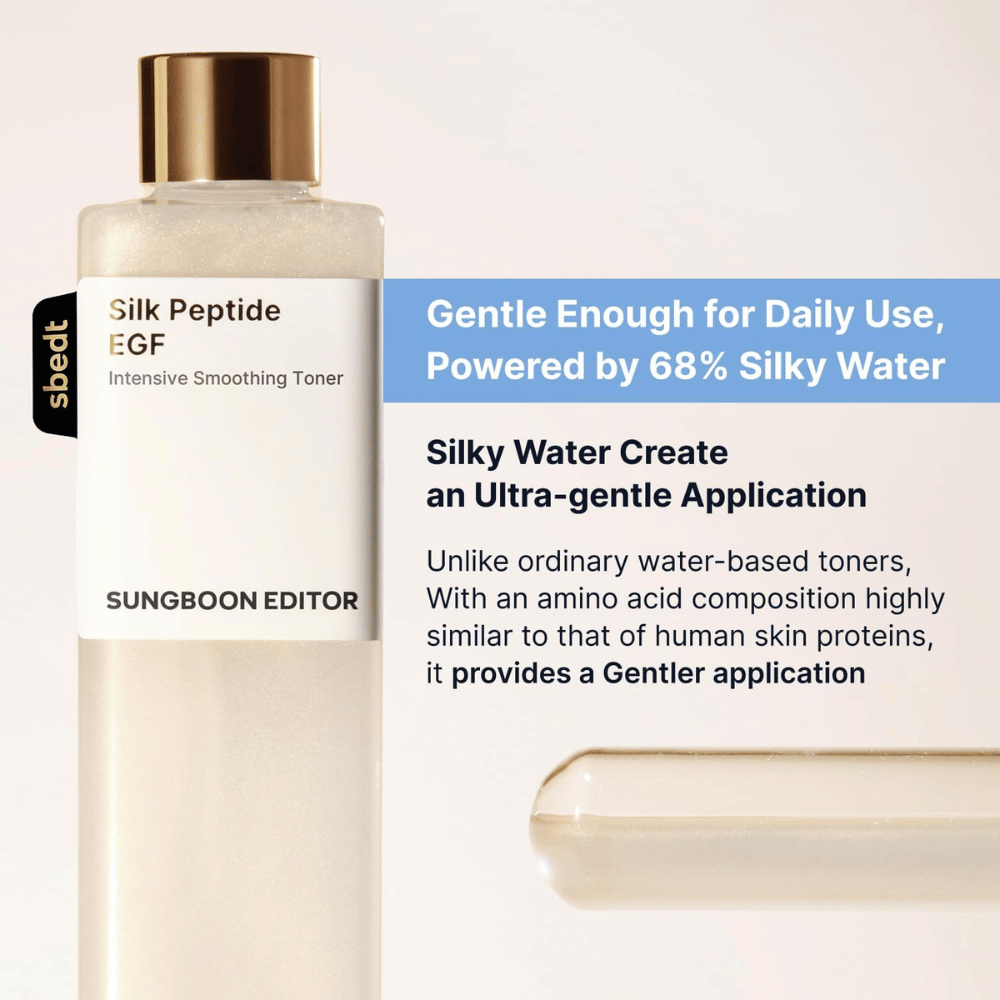 SUNGBOON EDITOR Silk Peptide EGF Intensive Smoothing Toner – mieto kasvovesi, jossa on 68 % silky wateria päivittäiseen käyttöön