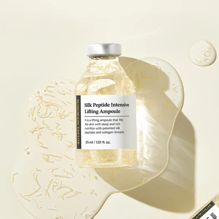 SUNGBOON EDITOR Silk Peptide Intensive Lifting Ampoule silkkiproteiineilla seerumi joka antaa syväkosteutusta, hehkua ja kiinteyttävän vaikutuksen.