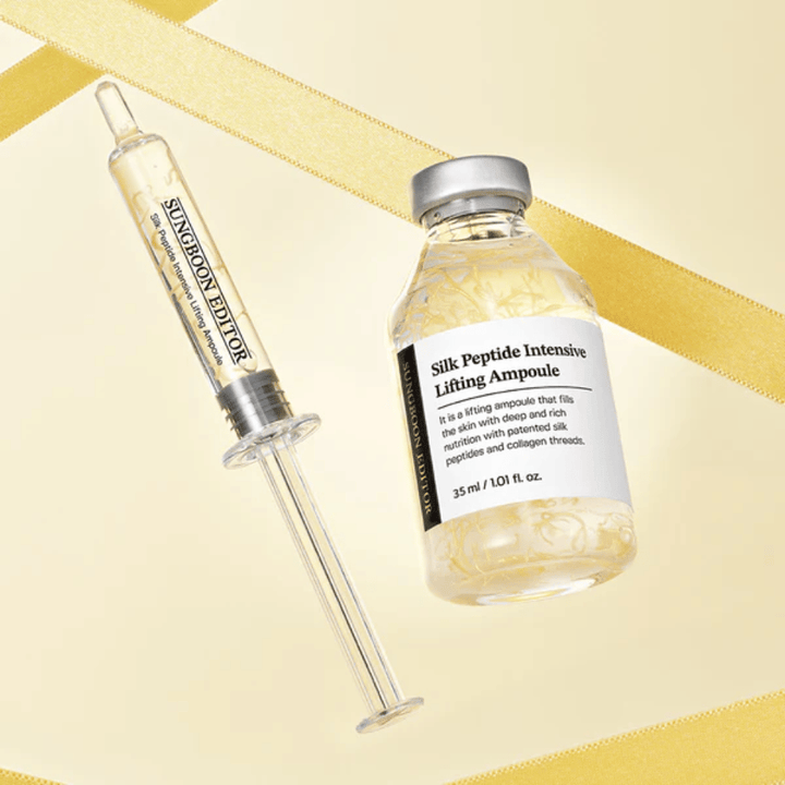 SUNGBOON EDITOR Silk Peptide Intensive Lifting Ampoule seerumi silk peptides -yhdisteillä ja kollageenilla, jotka kosteuttavat ihoa, parantavat elastisuutta ja antavat kiinteämmän ihon.