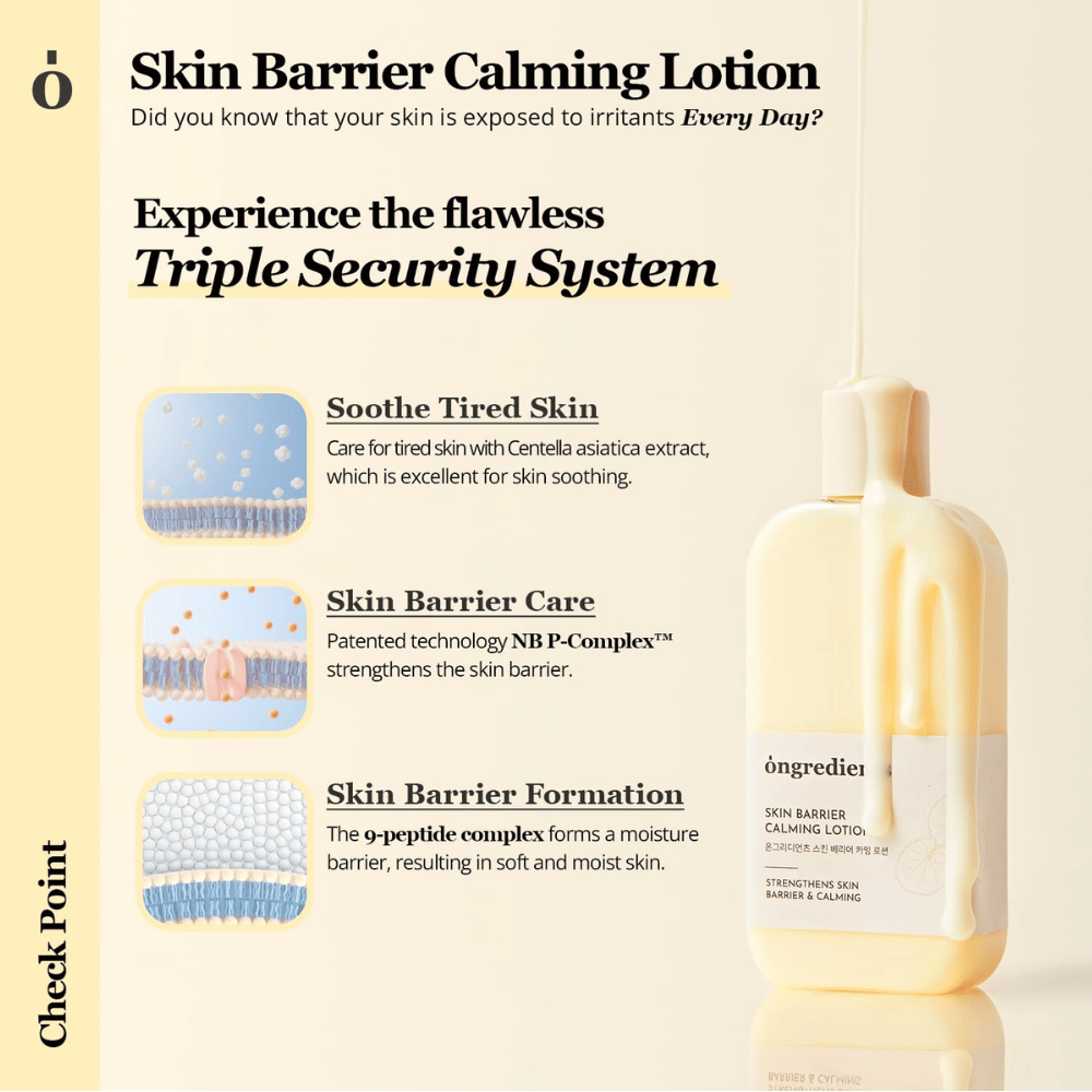 Ongredients Skin Barrier Calming Lotion Centella Asiaticaa ja peptidejä sisältävä voide, joka rauhoittaa ihoa, vahvistaa ihon suojakerrosta ja antaa pitkäkestoista kosteutusta.