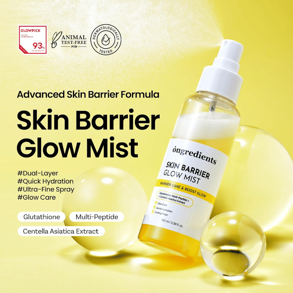 Ongredients Skin Barrier Glow Mist 100 ml kasvosuihke, jossa on keramideja, peptidejä ja Centella Asiaticaa kosteutukseen ja ihoa suojaavaa vaikutusta varten.
