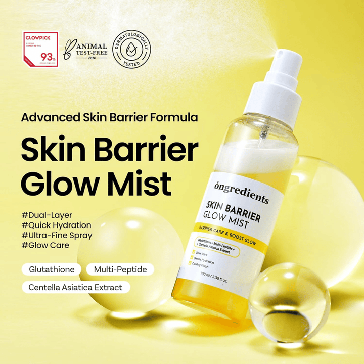 Ongredients Skin Barrier Glow Mist 100 ml kasvosuihke, jossa on keramideja, peptidejä ja Centella Asiaticaa kosteutukseen ja ihoa suojaavaa vaikutusta varten.
