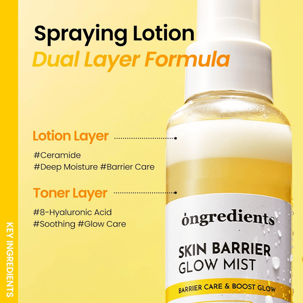 Ongredients Skin Barrier Glow Mist kaksifaasinen kasvosuihke hyaluronihapolla ja keramiduilla, joka tarjoaa syväkosteutusta ja suojaa ihon suojakerrosta.
